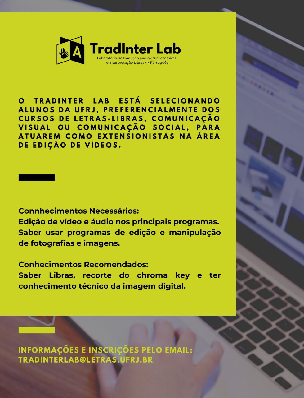 Card sobre a chamada para estudantes extenionistas do TradInterlab